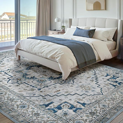 Area Rugs for Living Room 8x10 - Large Machine Washable Vintage Oriental Soft Rugs, Low Pile Thin Floor Carpet with Non Slip Backing for Bedroom, Dorm, Under Dining Room Table, Indoor House, Office