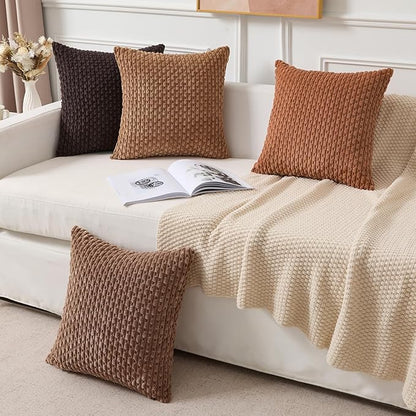 Kevin Textile Decorative Pillow Covers Set of 2 Striped Plush Corduroy Pillows Pillowcases Boho Home Decor Cushion Covers for Couch Sofa Bed Living Room 22x22 Inch, Burnt Orange