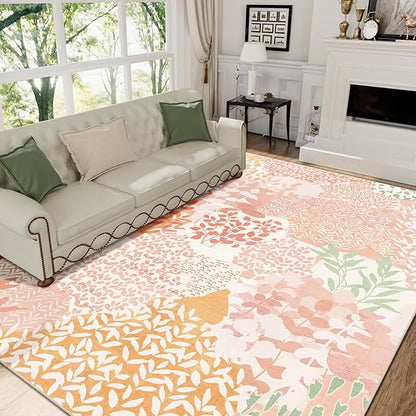 DEXDE 8x10 Area Rug, Soft Washable Abstract Area Rugs Non-Slip Vintage Boho Rug Leaves Floral Print Carpet for Living Room Bedroom Office Dining Room Playroom, Pink