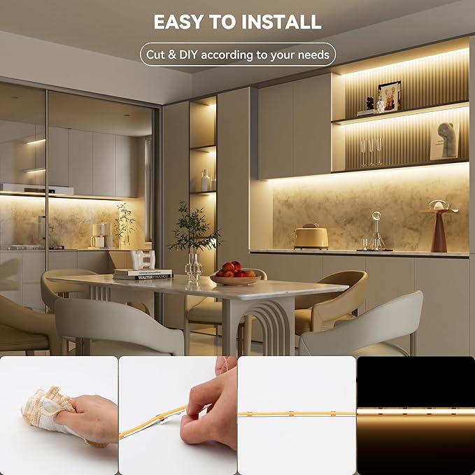 PAUTIX COB LED Strip Lights 40ft/12.2m Super Bright,504 LEDs/m Warm White 3000K CRI90+ Flexible LED Tape 24V for Cabinet Home DIY Lighting Projects with 2pcs COB Connector(Power Supply Not Included)