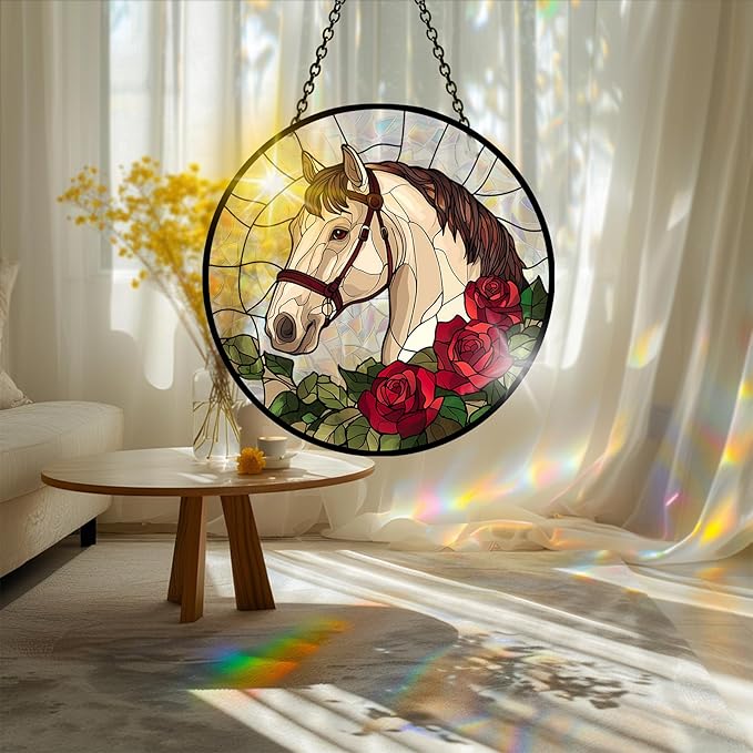 Bimkole Horse Sun Catchers Indoor Window - Flowers Acrylic Suncatcher Hanging Decoration for Living Room Bedroom Summer Home Balcony Outdoor Garden Ornaments Decoration 7.8x7.8 Inch