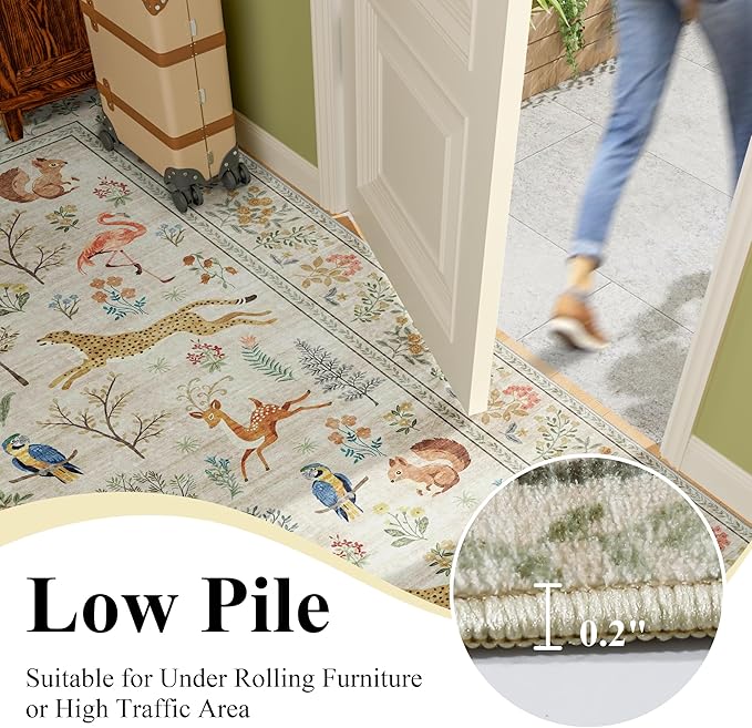 DUKINO 2x5 Rug for Hallway, Washable Kitchen Runner Rug with Non Slip Backing, Soft Low Pile Vintage Animal Runner for Bedroom, Kitchen, Hallway, Entryway, Laundry, Beige