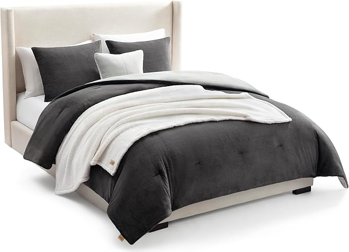 UGG Full/Queen Comforter Set 5 Piece Bed in a Bag with Throw Blanket, Decorative Pillow, Shams, Reversible Hypoallergenic Washable Luxury Warm Fluffy Bedding Set, Charcoal Grey (Remina)