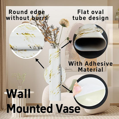 7" Wall-Mounted Flower Tube, Top/Bottom Open Vase Tube, Wall Metal Flower Tube Decoration Holder for Flower Display with Sticker, 2pcs(White Gold)