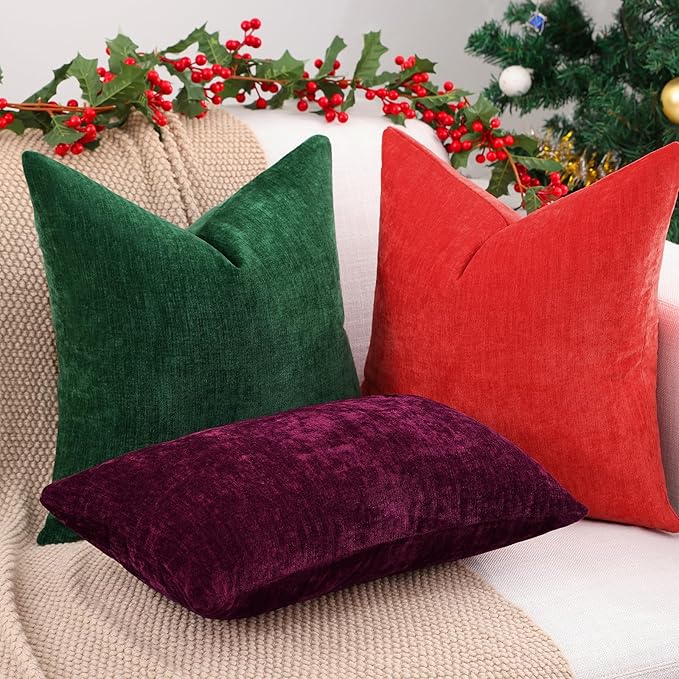 decorUhome Chenille Christmas Green Throw Pillow Covers 18x18 Inch Set of 2, Decorative Soft Couch Pillow Covers Solid Dyed Accent Farmhouse Neutral Square Pillow Cases for Sofa