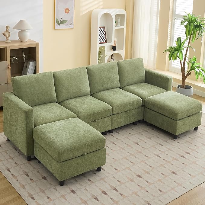 107”Modular Sectional Sofa Convertible U Shaped Sofa Couch Set with Storage for Living Room, Modern 6 Seater Modular Sectional Couch with Movable Ottoman, Chenille(Green)