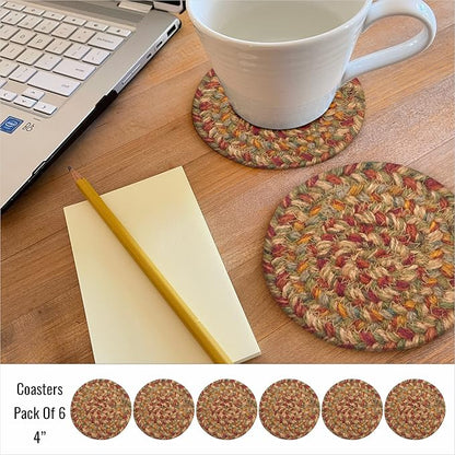 Homespice Harvest Braided Jute Coasters 4", Warm Country Decor, Set of 6, Multicolor - Durable, Absorbs Moisture, Easy to Clean and Protects Furniture