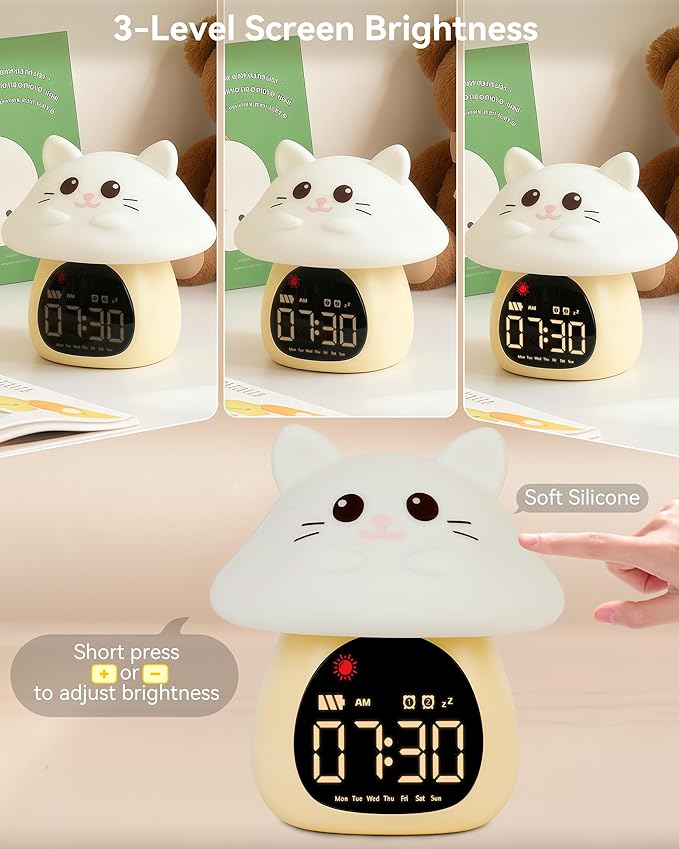 Yiliaw Sleep Training Alarm Clock with Night Light for Kids - Ok to Wake Clock with Dual Alarms, Night Light & RGB Colors, 6 Alarm Tones & White Noise, Rechargeable Clock for Boys & Girls, Cat