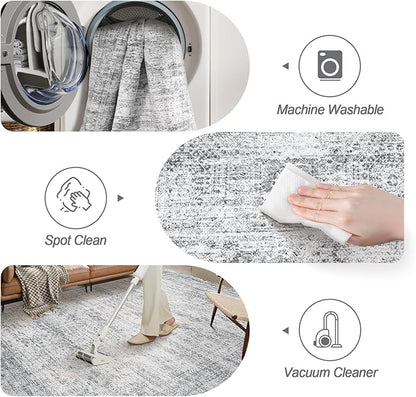 8x8 Grey Round Rug 8ft Living Room Circle Rug Vintage Round Area Rug Non Slip Indoor Carpet for Apartment