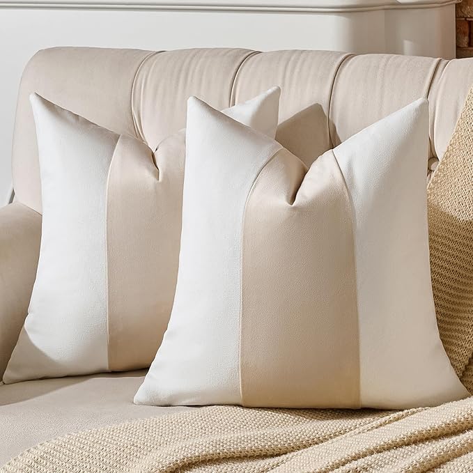 AmHoo Pack of 2 Velvet Panel Cotton Pillow Covers Decorative Pillowcase Cushion for Couch Sofa Bedroom 18 x 18-Inch Beige