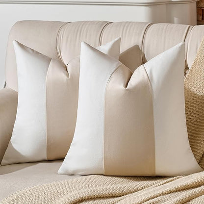 AmHoo Pack of 2 Velvet Panel Cotton Pillow Covers Decorative Pillowcase Cushion for Couch Sofa Bedroom 20 x 20-Inch Beige