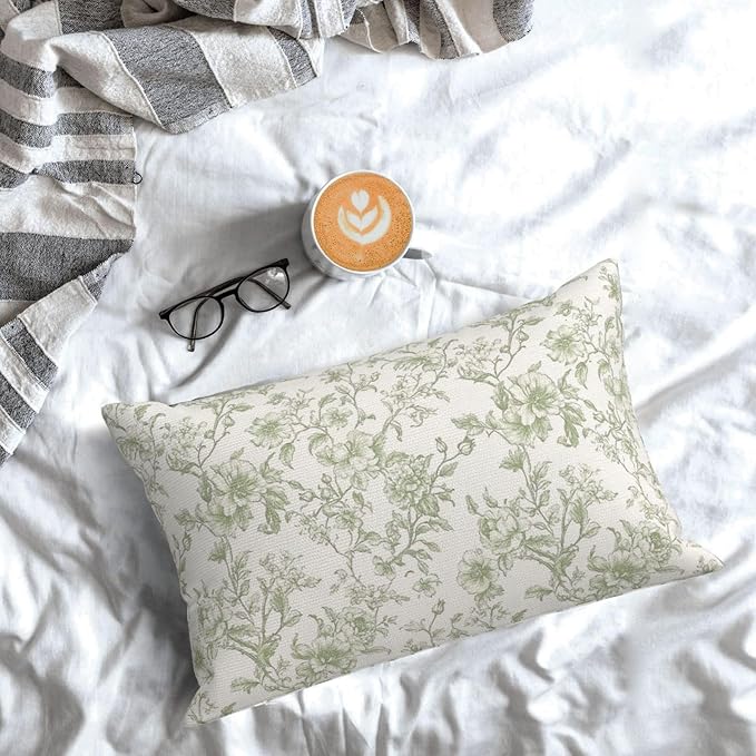 Sage Green Pillow Covers 12x20 Set of 2 Light Green Floral Chinoiserie Throw Pillows Rustic Toile Flower Decorative Pillow Cases Outdoor Chinoiserie Decor Lumbar Cushion Case for Couch Sofa