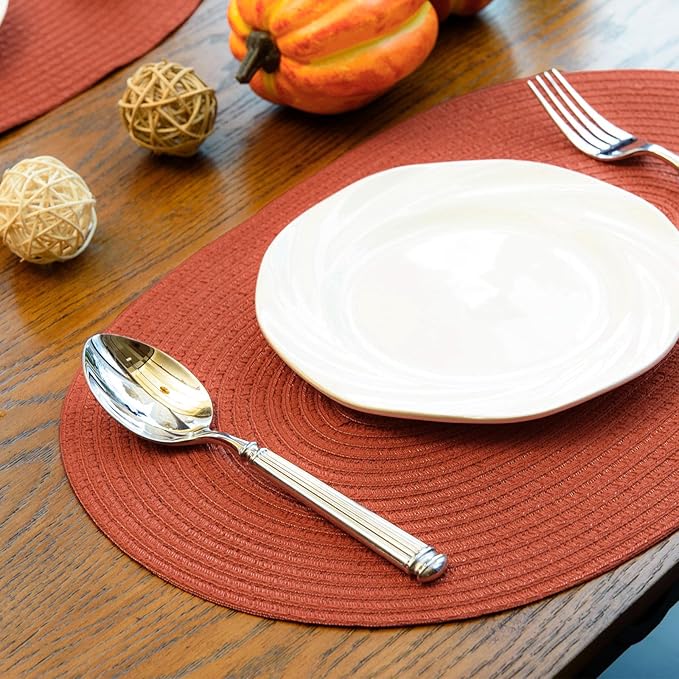 Noctiflorous Oval Braided Placemats Set of 4 Woven 12x18 Inch Non Slip Washable Heat Resistant Place Mats Round Tablemats for Dining Kitchen Party Daily Table Decor Dinner Mats (Solid Rust Orange, 4)