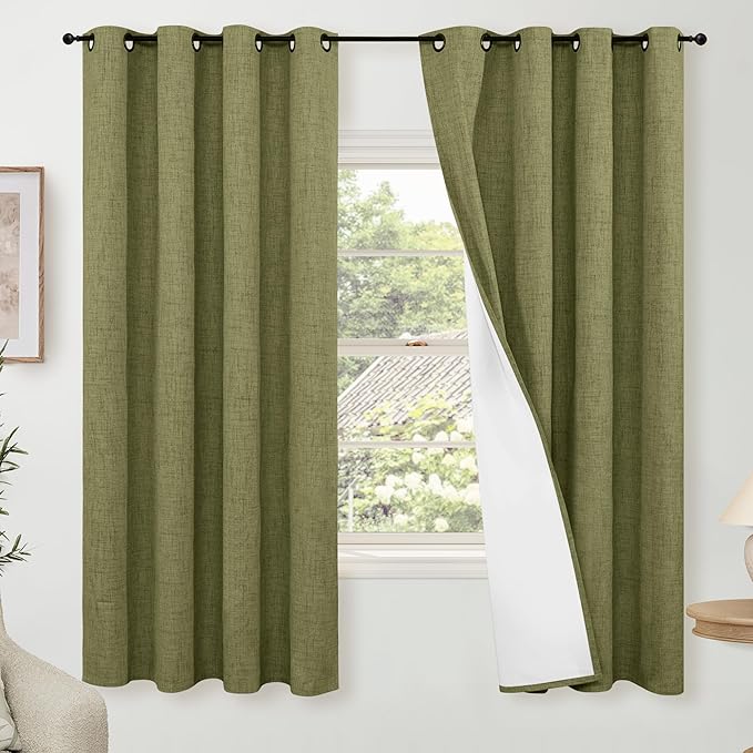 Lajode Olive Green 100% Linen Blackout Curtains for Living Room 63 Inch Long 2 Panels, Thermal Insulated Noise Reducing Window Total Black Out Curtains for Bedroom, Each 52x63 Inch 2 Panels