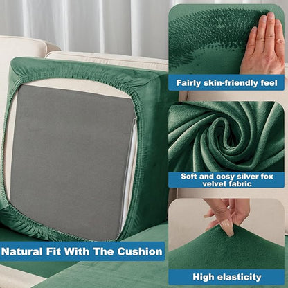 Couch Cover Velvet Chaise Cushion Cover for Sectional Sofas - Elastic L-Shaped Sofa Seat Covers Washable, Slipcover Protector (1-Piece, Christmas Green)