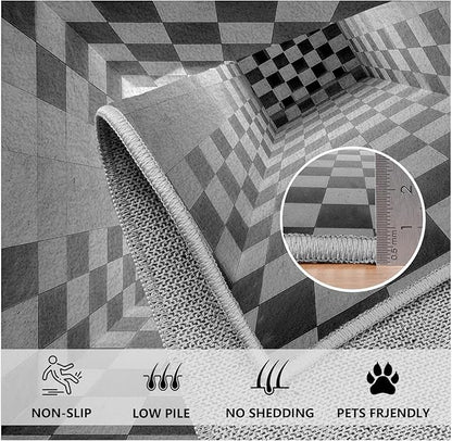 3D Rug 5x7, Plaid Soft Ultra Soft Faux Wool Low Pile Optical Illusion Rug, Indoor Floor Mats Abstract Geometric Carpet, Non-Slip Stain Resistant Washable Rugs, Modern Gray Rugs for Living Room