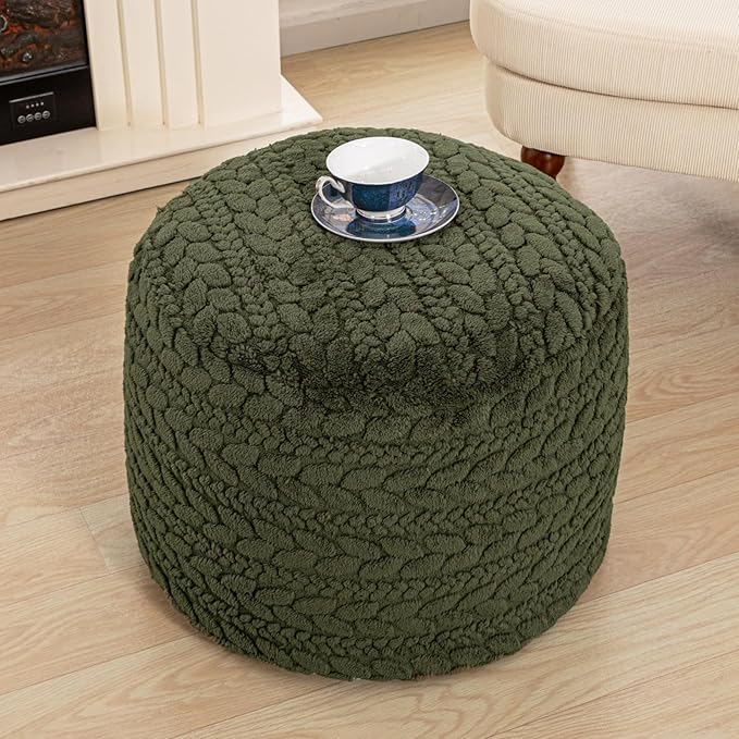 Unstuffed Ottoman Pouf Cover – Round Faux Fur Footstool Plush Floor Pouf (No Filler Included) Perfect for Living Room, Bedroom, or Office Lounge (Green, 26x26x18 in)