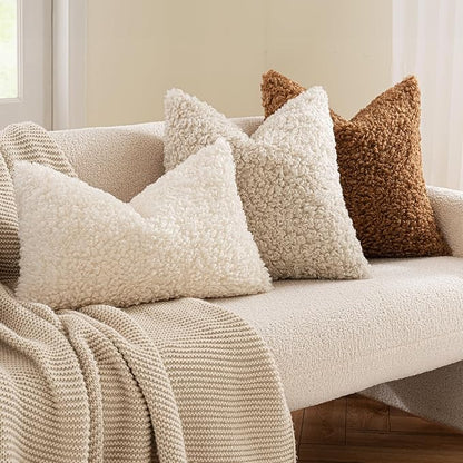 MIULEE Pack of 2 Faux Fur Throw Pillow Covers 16x16 Inch Neutral Light Beige Boucle Decorative Sherpa Pillow Covers Fuzzy Accent Soft Sheepskin Fleece for Boho Home Decor Couch Living Room Bed