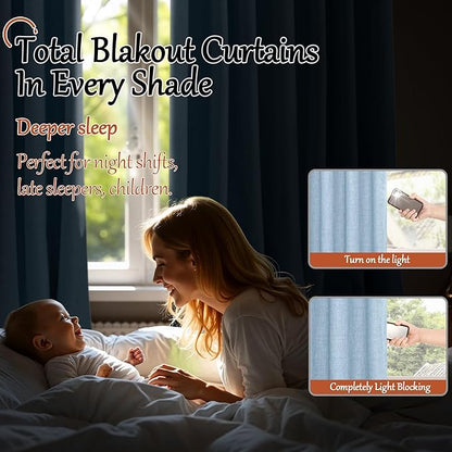 Baby Blue Linen Blackout Curtains for Nursery 80 Inch Length 2 Panels Set, Thermal Insulated Boho Total Black Out Noise Reducing Bonzer Grommets Window Curtains for Kids Bedroom, Each 38 Inch Wide