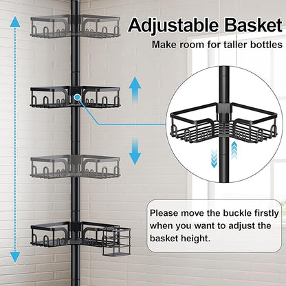 Corner Shower Caddy Tension Pole 4 Tier Adjustable Stainless Steel Shower Shelf for Inside Shower Bathtub Shampoo,Standing Bathroom Organizer Shelves with 39 to 113 inch Height