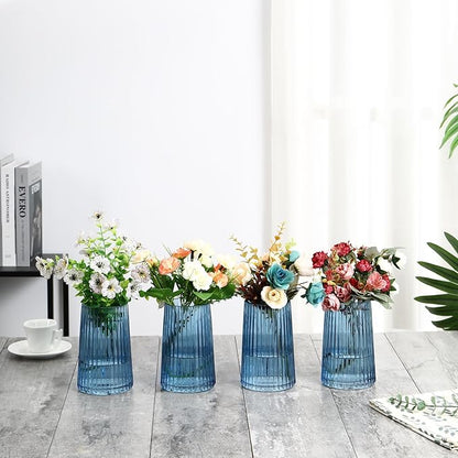 Blue Glass Vases Set of 4, Small Vases for Flowers, Flower Vase for Bouquet, Modern Ribbed Glass Vase for Living Room, Bedroom, Dining Table, Office, Wedding, Centerpieces