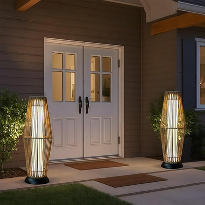 TRIROCKS Outdoor Floor Lamp 2 Piece Solar Powered Lantern Wicker Solar Patio Lamp with Olifen Rope Waterproof Rattan Outside Solar Deck Light for Patio Garden Lawn Yard (Grey)