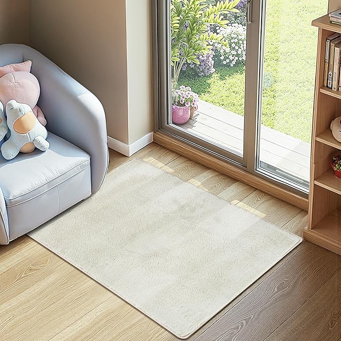 jinchan Solid Plush Area Rug 2x3 Performance Shaggy Washable Rug Indoor Entryway Doormat Soft Modern Faux Wool Cozy Non Slip Carpet for Living Room Kid Room Bedroom Nursery Ivory