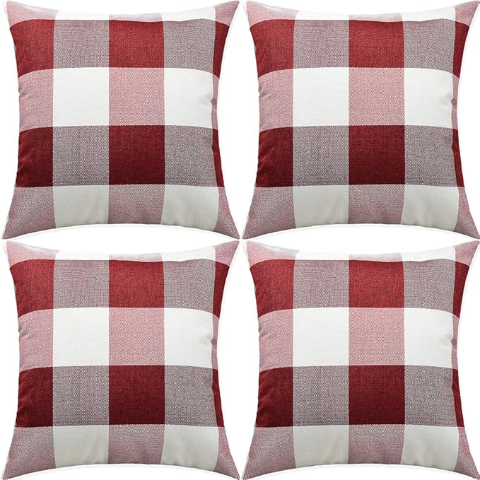 Artaimee Red and White Buffalo Check Plaid Throw Pillow Covers (18x18 inches, Set of 4) – Soft Velvet Cushion Case for Sofa, Couch, Bed, Home Décor, and Holiday Decorations