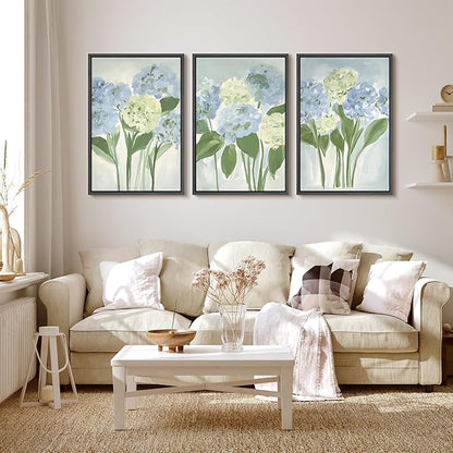 MUDECOR Framed Wall Art Print Set Blue Hydrangea Floral Botanical with Green Leaves Illustrations Modern Art Boho Decorative Colorful Chic for Living Room, Bedroom, Office - 24"x36"x3 Black