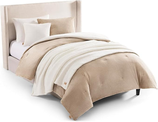 UGG Remina Twin Comforter Set 4 Piece Bed in a Bag with Throw Blanket, Decorative Pillow Sham and Reversible Comforter Hypoallergenic Luxury Bedding, Machine Washable, Twin XL, Brown Birch