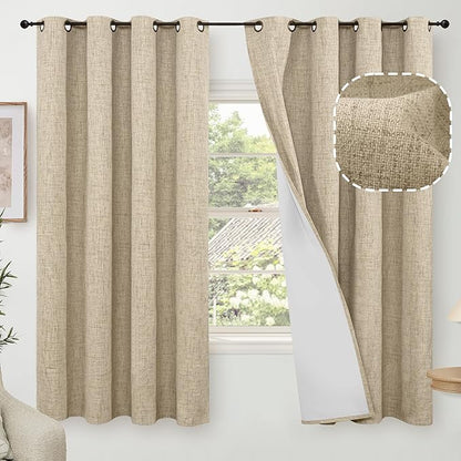 60 Inch Wide Linen Blackout Curtains for Bedroom 63 Inch Length 2 Panels, Total Black Out Thermal Insulated Energy Efficiency Grommet Boho Window Drapes White Liner for Modern Farmhouse, Burlap
