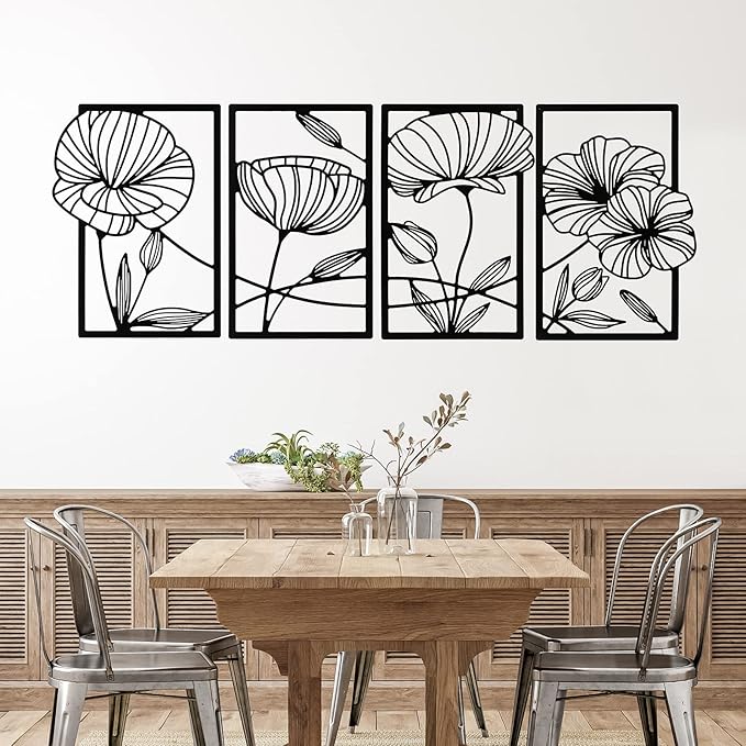 Cunno 4 Pcs Metal Wall Art 16.5 x 11.8'' Line Art Wall Decor Floral Minimalist Decor Hanging Flower Aesthetic Modern for Living Room Bedroom Bathroom Kitchen Decoration(Black)