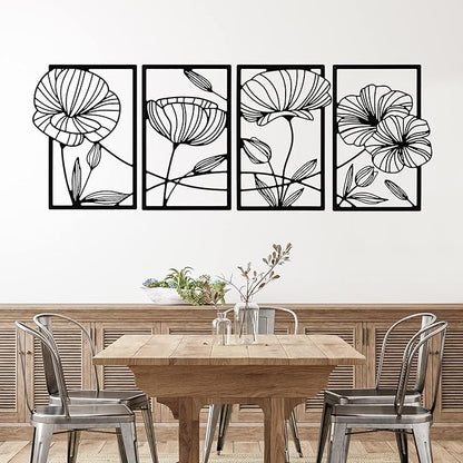 Cunno 4 Pcs Metal Wall Art 16.5 x 11.8'' Line Art Wall Decor Floral Minimalist Decor Hanging Flower Aesthetic Modern for Living Room Bedroom Bathroom Kitchen Decoration(Black)