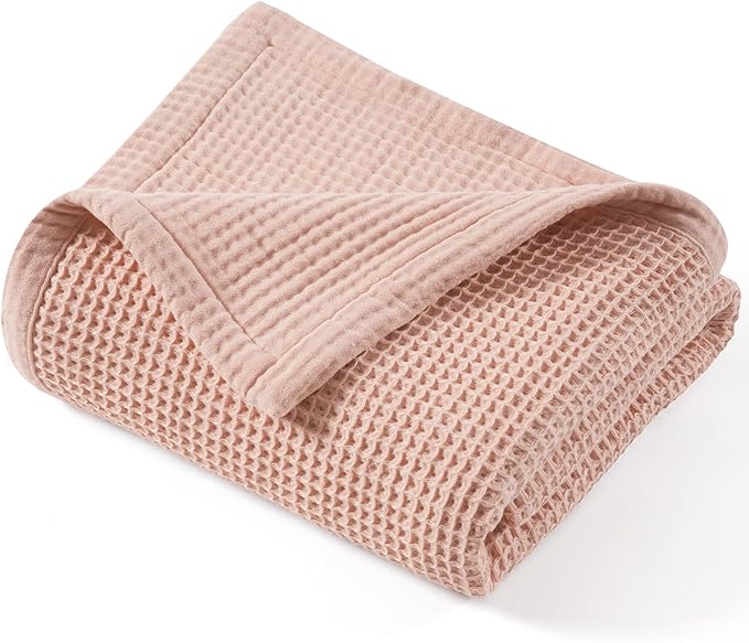 PHF 100% Cotton Waffle & Muslin Throw Blanket Large, Soft Breathable Luxury 400GSM Versatile Reversible Bedding for Couch, Great for Layering in Cold Weather, Home Decor Gift, 50" x 70", Rose Smoke