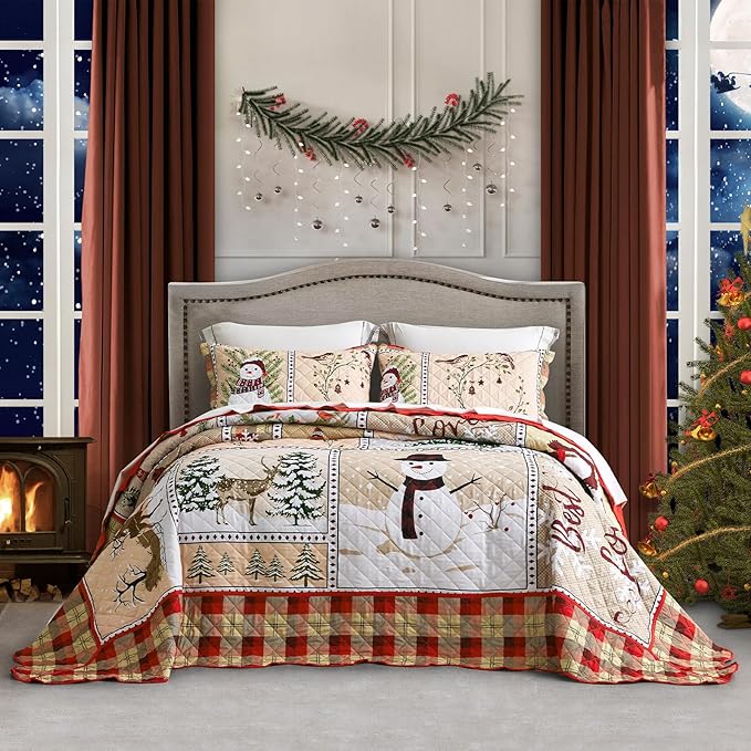 HZ & HY Christmas Oversized Bedspread Queen Size, Winter Snowman Pattern Bedding Quilt, Rustic Lodge Plaid Patchwork Comforter Set, Lightweight & Soft Microfiber, 3 Piece, Queen