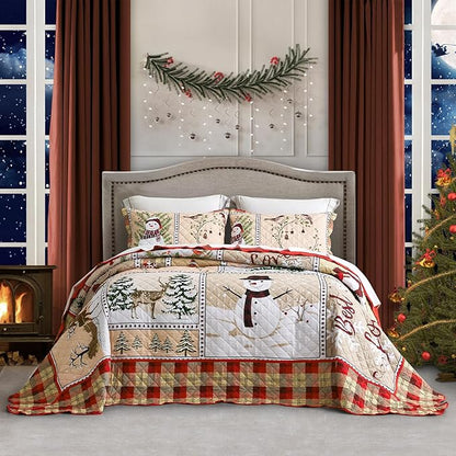 HZ & HY Christmas Oversized Bedspread King Size, Winter Snowman Pattern Bedding Quilt, Rustic Lodge Plaid Patchwork Comforter Set, Lightweight & Soft Microfiber, 3 Piece, King/Cal King