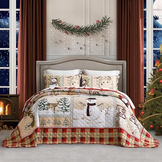 HZ & HY Christmas Oversized Bedspread King Size, Winter Snowman Pattern Bedding Quilt, Rustic Lodge Plaid Patchwork Comforter Set, Lightweight & Soft Microfiber, 3 Piece, King/Cal King