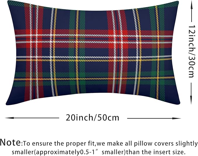 Christmas Tartan Lumbar Pillow Covers 12x20 Set of 2 Navy Blue Green Red Plaid Print Decorative Outdoor Xmas Throw Pillow Cases Winter Holiday Decoration Farmhouse Sofa Couch Cushion Cover Bed Decor
