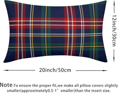 Christmas Tartan Lumbar Pillow Covers 12x20 Set of 2 Navy Blue Green Red Plaid Print Decorative Outdoor Xmas Throw Pillow Cases Winter Holiday Decoration Farmhouse Sofa Couch Cushion Cover Bed Decor