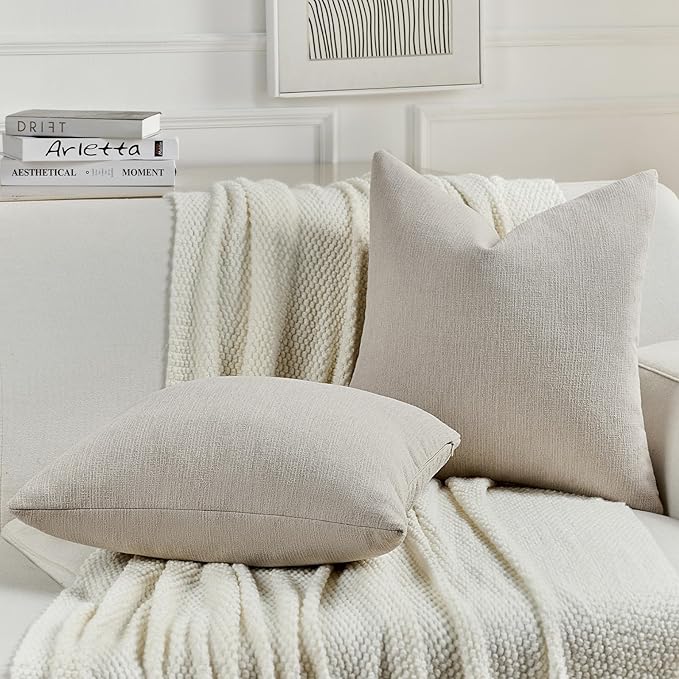 FUTEI Oatmeal Chenille Decorative Throw Pillow Covers 16x16 Inch Set of 2,Soft Cozy Faux Linen Textured Cushion Case,Farmhouse Home Decor for Couch Living Room