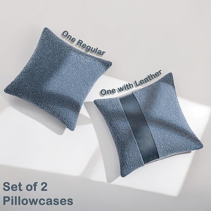 18"x18" Denim Blue Boucle Throw Pillow Covers with Faux Leather Accents Set of 2 Fluffy Textured Decorative Pillow Cases for Couch Bed Boho Farmhouse Square Cushion Covers for Nordic Home
