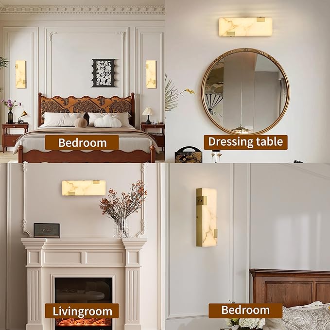Modern Brass and Alabaster Wall Sconce 14.17in with Spanish Marble and an Elegant Dimmable LED (3000K Warm Light) for Bedroom Living Room Hallway