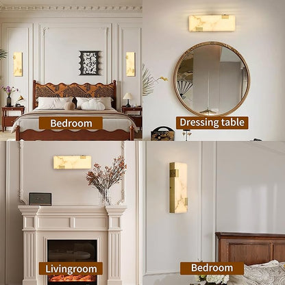 Modern Brass and Alabaster Wall Sconce 14.17in with Spanish Marble and an Elegant Dimmable LED (3000K Warm Light) for Bedroom Living Room Hallway