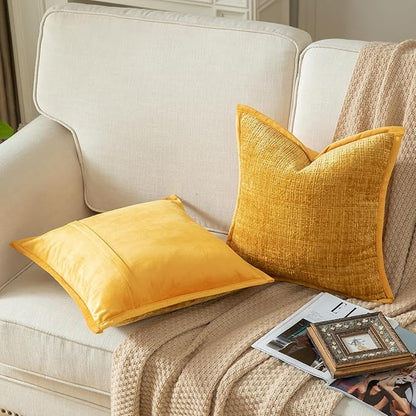 Yaertun Pack of 2 Chenille Textured Decorative Throw Pillow Covers Accent Solid Cushion Cover Soft Cozy Pillow Case with Velvet Back for Couch Sofa Bed Living Room 22x22 Inch Yellow
