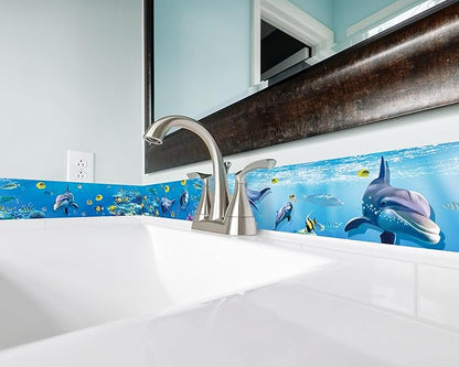 FLFK Peel and Stick Wallpaper Border Wall Decals for Kids Room - Under The Sea Fish Stickers Murals, 4" x 240" (Blue)