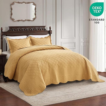 CHIXIN Cotton Bedspread Full Size - Real Stitching - Luxury Quilted Bedding Cover for All Season, Reversible, Ultra Soft, Lightweight, 3 Piece, Honey Gold