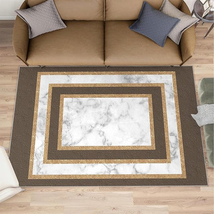 Marble Texture Area Rugs Rectangular Geometric Rug Gray White Marble Carpet Luxury Rug with Gold Accents Modern Minimalist Geometric Rugs for Bedroom Living Room 7x10ft