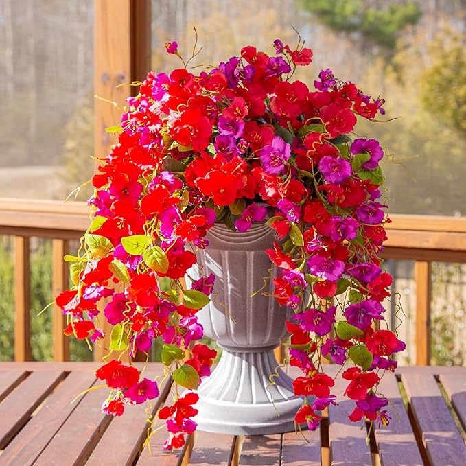 Fake Hibiscus Artificial Hanging Flowers Plants for Outdoors Spring Decoration, 4pcs Silk Hibiscus Vines Realistic UV Resistant Faux Flowers for Outside Planter Porch Patio Yard Wedding Party, Mix