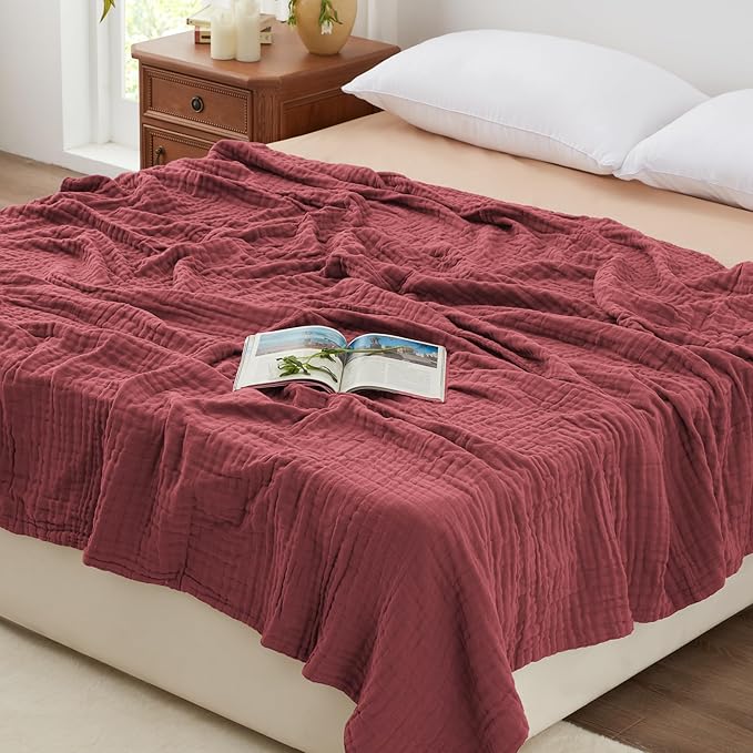 Love's cabin 6 Layer 100% Cotton Muslin Blanket, 108"x90" Muslin King Size Blanket for Bed Couch, Lightweight and Breathable Cotton Gauze for Adult, Wine Red