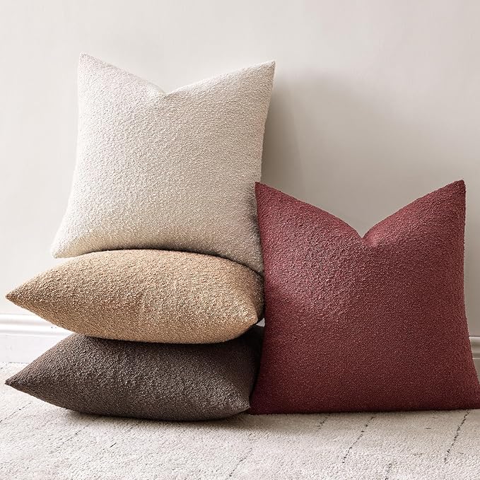 Woaboy Pack of 2 20x20 Inch Decorative Boucle Throw Pillow Covers Textured Square Pillowcaes Accent Solid Cozy Soft Cushion Covers Home Decor for Sofa Couch Living Room Home Decor,Burgundy